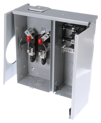 SIEMENS LOW VOLTAGE METER MAIN. FACTORY INSTALLED MAIN BREAKER 2 (1 INCH) SPACES INTERIOR ALLOWING MAX 2 CIRCUITS. 5-JAW METER / 1-PHASE SYSTEM RATED 150A. SPECIAL FEATURES OH/UG FEED, RINGLESS TYPE COVER, HORN BYPASS SOCKET
