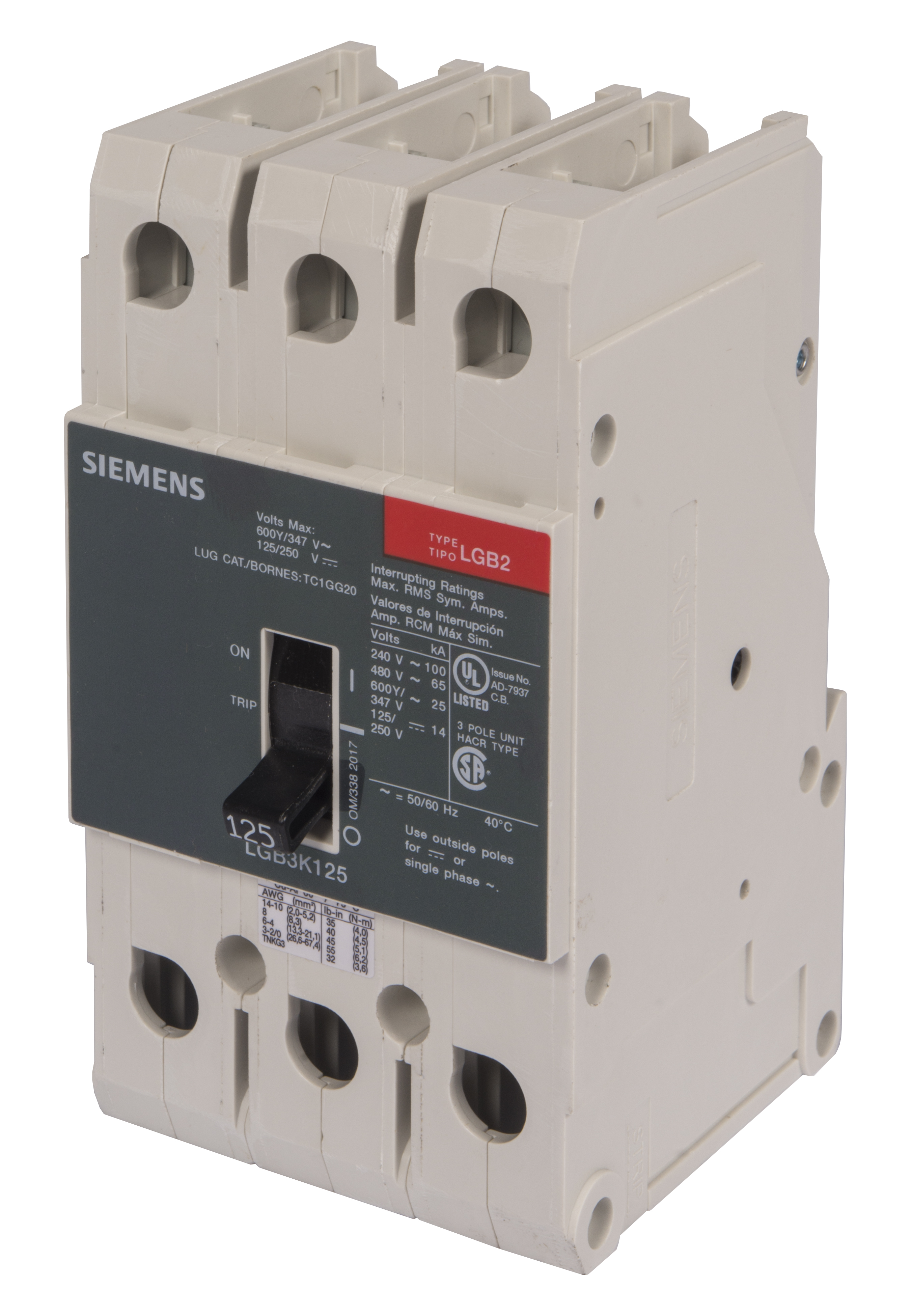 SIEMENS LOW VOLTAGE PANELBOARD MOUNT G FRAME CIRCUIT BREAKER WITH THERMAL - MAGNETIC TRIP. UL LISTED LGB2 FRAME WITH VERY HIGH BREAKING CAPACITY. 125A 3-POLE (14KAIC AT 600Y/347V) (65KAIC AT 480V). SPECIAL FEATURES MOUNTS ON PANELBOARD, LOAD SIDE LUGS ONLY (TC1GG20) WIRE RANGE 8 - 1/0 AWS (CU/AL). DIMENSIONS (W x H x D) IN 3 x 5.4 x 2.8.