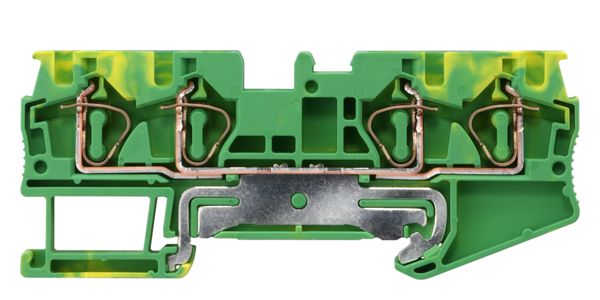 PE TERMINAL WITH SPRING CONNECTION, 4 CONNECT. POINTS, SECTION 0,5 - 4 MM2, WIDTH 6.2 MM, COLOR GREEN-YEL.