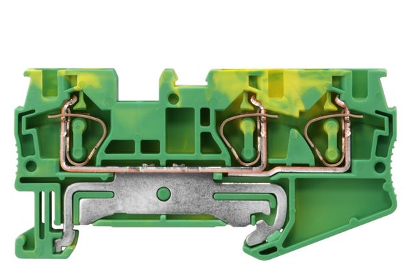 PE TERMINAL WITH SPRING CONNECTION, 3 CONNECT. POINTS, SECTION 0,5 - 4 MM2, WIDTH 6.2 MM, COLOR GREEN-YEL.