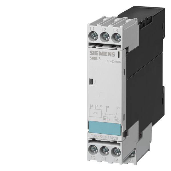 3ug3013-1b... follow-on product for screw terminal 2 changeover contacts delay time 0-20 s hysteresis 5% fixed AC 50 to 60 HZ 3x 160 to 690 v asymmetry 20% fixed settable undervoltage phase failure and sequence