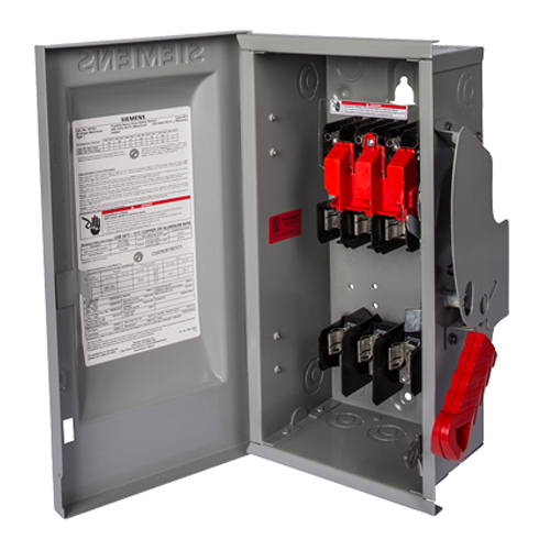 Siemens Low Voltage Circuit Protection Heavy Duty Safety Switch. 2-Pole 2-Fuse Fused in a type 12 industrial enclosure. Rated 600VAC (30A).