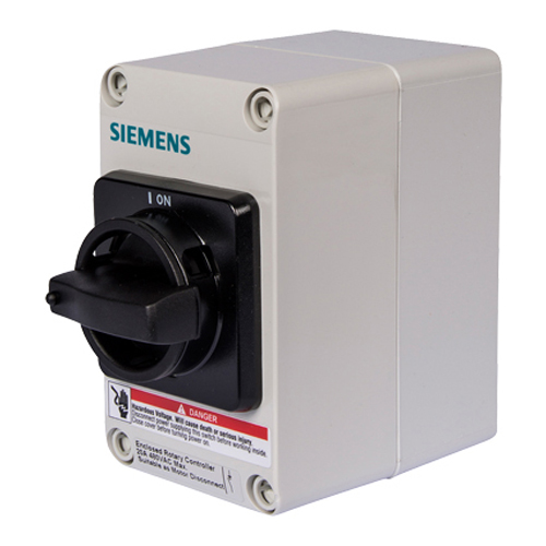 Siemens Low Voltage Circuit Protection Heavy Duty Safety Switch. 3-Pole 3-Wire Non-Fused in a type 4/4X non metalic enclosure (no line/load lugs). Rated 600VAC(30A).