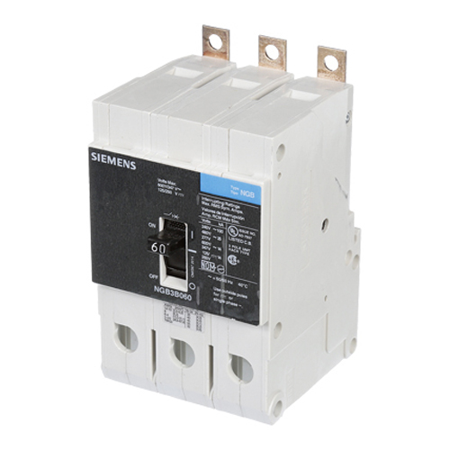 SIEMENS LOW VOLTAGE PANELBOARD MOUNT G FRAME CIRCUIT BREAKER WITH THERMAL - MAGNETIC TRIP. UL LISTED NGB FRAME WITH STANDARD BREAKING CAPACITY. 60A 3-POLE (14KAIC AT 600Y/347V) (25KAIC AT 480Y/277V). SPECIAL FEATURES MOUNTS ON PANELBOARD, NO LUGS. DIMENSIONS (W x H x D) IN 3 x 5.4 x 2.8.