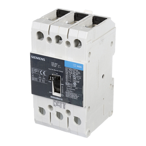 SIEMENS LOW VOLTAGE G FRAME CIRCUIT BREAKER WITH THERMAL - MAGNETIC TRIP. UL LISTED NGG FRAME WITH STANDARD BREAKING CAPACITY. 15A 3-POLE (14KAIC AT 600Y/347V)(25KAIC AT 480V). SPECIAL FEATURES MOUNTS ON DIN RAIL / SCREW, LINE AND LOAD SIDE LUGS (TC1Q1) WIRE RANGE 14 - 10 AWS (CU/AL). DIMENSIONS (W x H x D) IN 3 x 5.4 x 2.8.