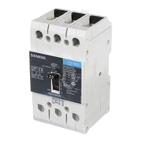 SIEMENS LOW VOLTAGE G FRAME CIRCUIT BREAKER WITH THERMAL - MAGNETIC TRIP. UL LISTED NGG FRAME WITH STANDARD BREAKING CAPACITY. 20A 3-POLE (14KAIC AT 600Y/347V)(25KAIC AT 480V). SPECIAL FEATURES MOUNTS ON DIN RAIL / SCREW, LINE AND LOAD SIDE LUGS (TC1Q1) WIRE RANGE 14 - 10 AWS (CU/AL). DIMENSIONS (W x H x D) IN 3 x 5.4 x 2.8.