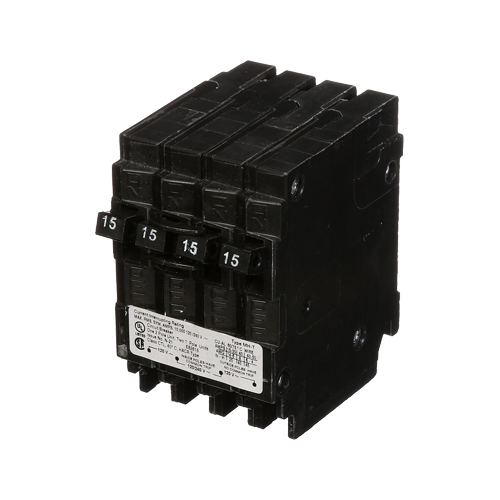 Siemens Low Voltage Residential Circuit Breakers Miniature Thermal Mag Circuit Breakers - Duplex, Triplex, Quadplex are Circuit Protection Load Center Mains, Feeders, and Miniature Circuit Breakers. Type MH-T, Triplex Features 1/2 IN W-per-pole construction , Center common trip Wire Size 14-8 AWG CU, 12-8 AWG AL Std UL Listed, CSA Certified, SWD, HACR Rated V. Rating 120/240 A. Rating (1) 1-Pole 15 AMP, (2) 2-Pole 15 AMP Interrupt Rating 10 Number Of Poles 3 L 3/1/2008 W 2 H3 Operating Temperature 40