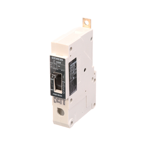SIEMENS LOW VOLTAGE PANELBOARD MOUNT G FRAME CIRCUIT BREAKER WITH THERMAL - MAGNETIC TRIP. UL LISTED HGB FRAME WITH HIGH BREAKING CA PACITY. 25A 1-POLE (14KAICAT 347V) (35KAIC AT 277V). SPECIAL FEATURES MOUNTS ON PANELBOARD, LOAD SIDE LUGS ONLY (TC1Q1) WIRE RANGE 14 - 10 AWS (CU/AL). DIMENSIONS (W x H x D) IN 1 x 5.4x 2.8.