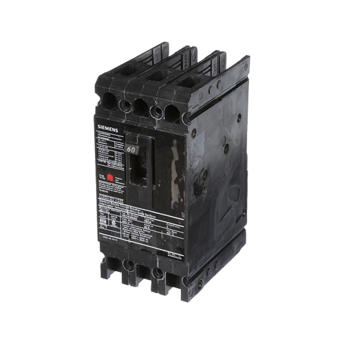 SIEMENS LOW VOLTAGE SENTRON MOLDED CASE CIRCUIT BREAKER WITH THERMAL - MAGNETICTRIP UNIT. STANDARD 40 DEG C BREAKER ED FRAME WITH HIGH BREAKING CAPACITY. 60A 3-POLE (42KAIC AT 480V). NON-INTERCHANGEABLE TRIP UNIT. SPECIAL FEATURES LOAD LUGS ONLY (LN1E100) WIRE RANGE 10 - 1/0AWG (CU/AL). DIMENSIONS (W x H x D) IN 3.00x 6.4 x 3.92.