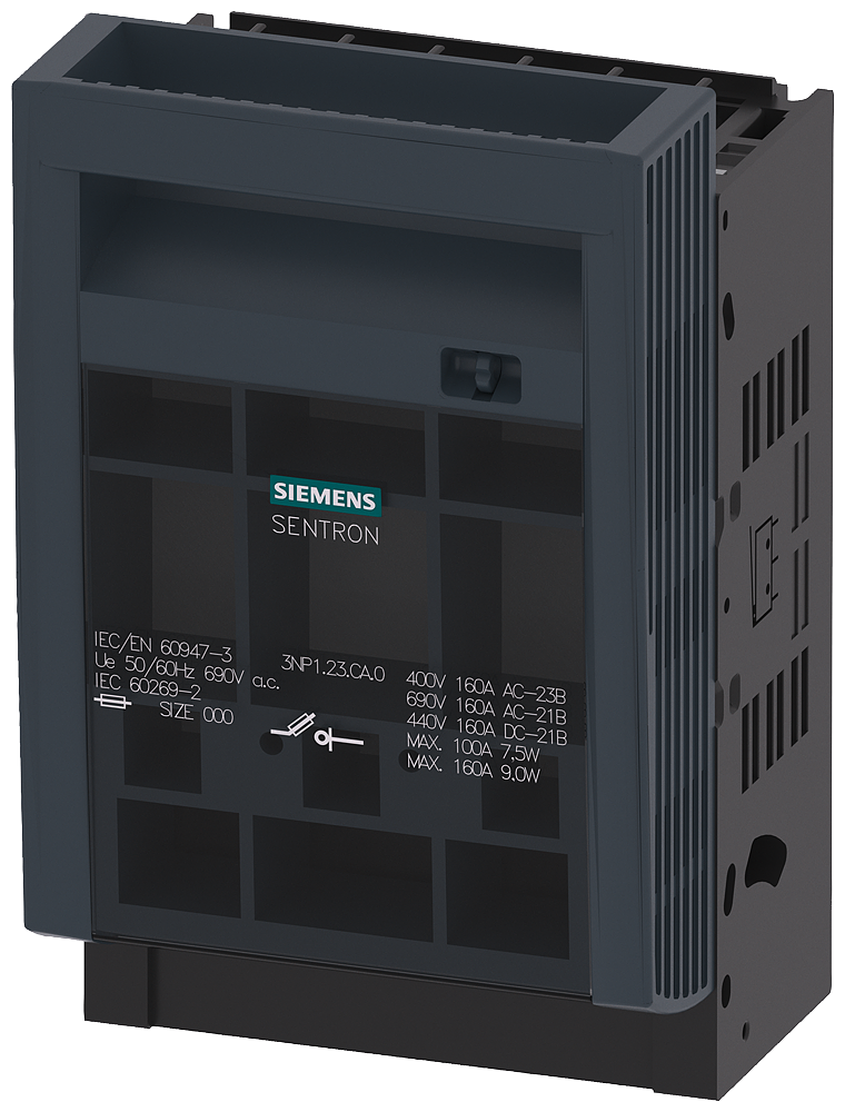 SENTRON, fuse switch disconnector 3NP1, 3-pole, NH000, 160 A, for assembly and installation on mounting plate, Rahmenklemme, cover level 45mm