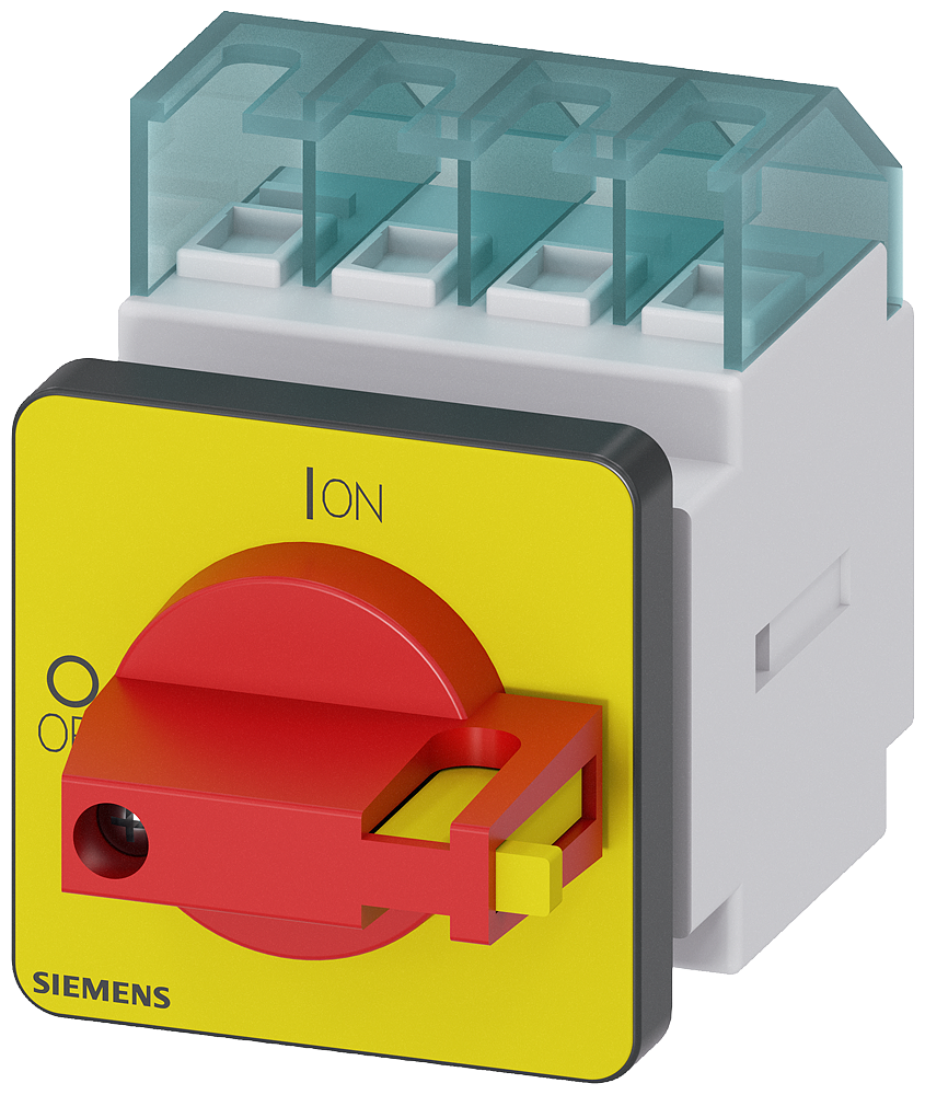 SENTRON, 3LD switch disconnector, EMERGENCY-STOP switch, 3-pole, Iu 16 A, Operational power / at AC-23 A at 400 V 7,5 kW, front- mounted, knob-operated mechanism, red/yellow, 4-hole mounting of the handle
