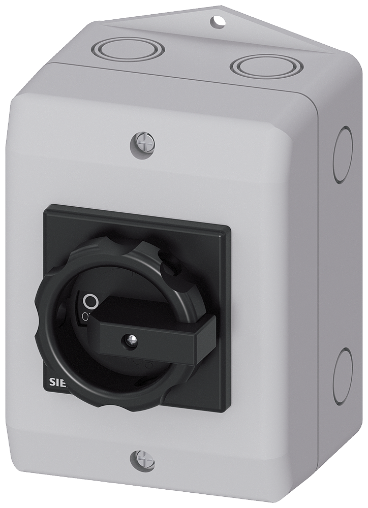 SENTRON, 3LD switch disconnector, main switch, 3- pole, Iu 25 A, Operational power / at AC-23 A at 400 V 9,5 kW, molded-plastic enc losure for inch threaded joint, rotary operating mechanism, black