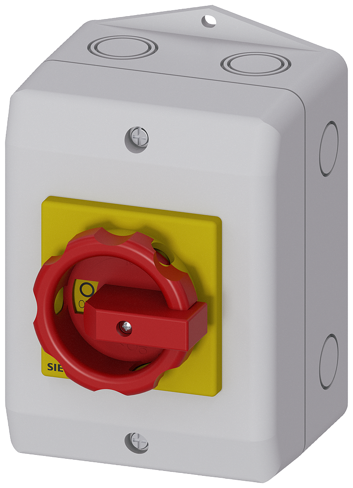 SENTRON, 3LD switch disconnector, EMERGENCY-STOP switch, 3-pole, Iu 32 A, Operational power / at AC-23 A at 400 V 11,5 kW, molded- plastic enclosure for inch threaded joint, 2NO, rotary operating mechanism, red/yellow