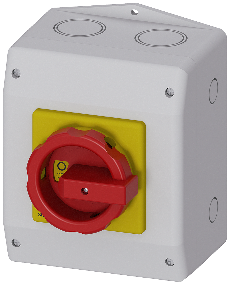 SENTRON, 3LD switch disconnector, EMERGENCY-STOP switch, 3-pole, Iu 63 A, Operational power / at AC-23 A at 400 V 22 kW, molded- plastic enclosure for inch threaded joint, rotary operating mechanism, red/yellow