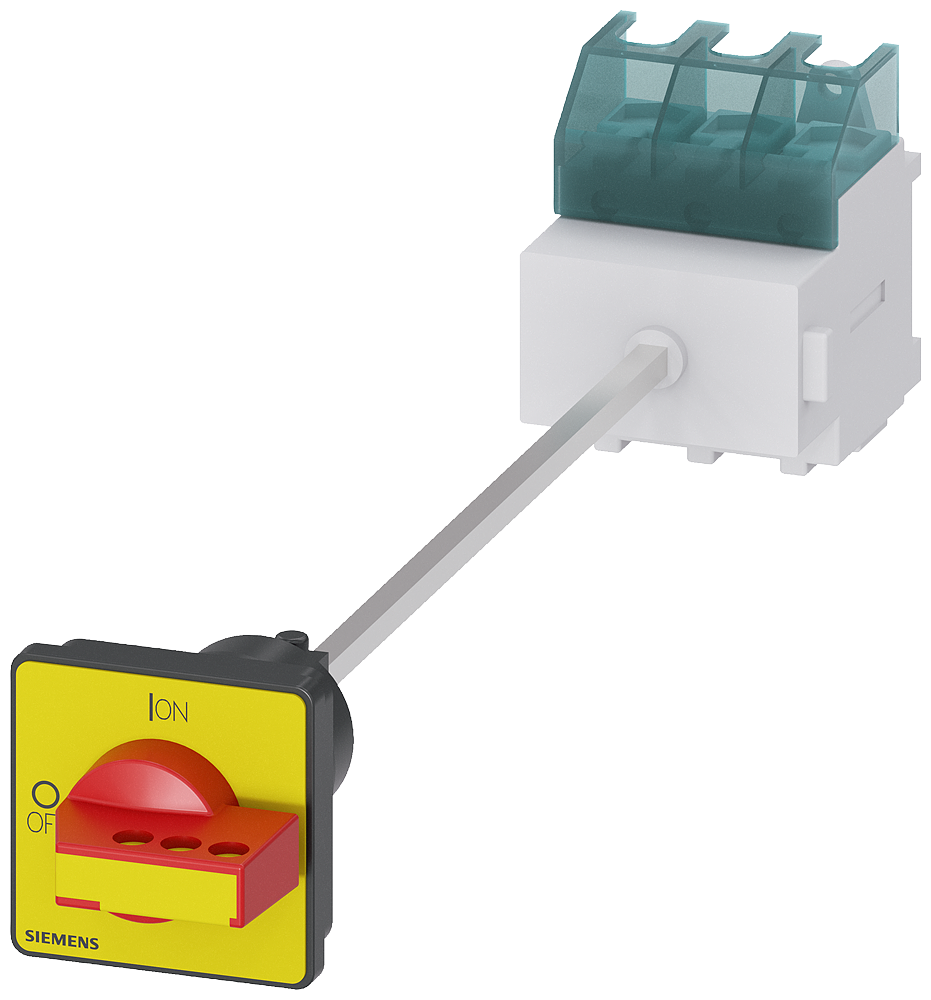 SENTRON, 3LD switch disconnector, EMERGENCY-STOP switch, 3-pole, Iu 63 A, Operational power / at AC-23 A at 400 V 22 kW, floor mounting with door coupling, knob-operated mechanism, red/yellow, 4-hole mounting of the handle