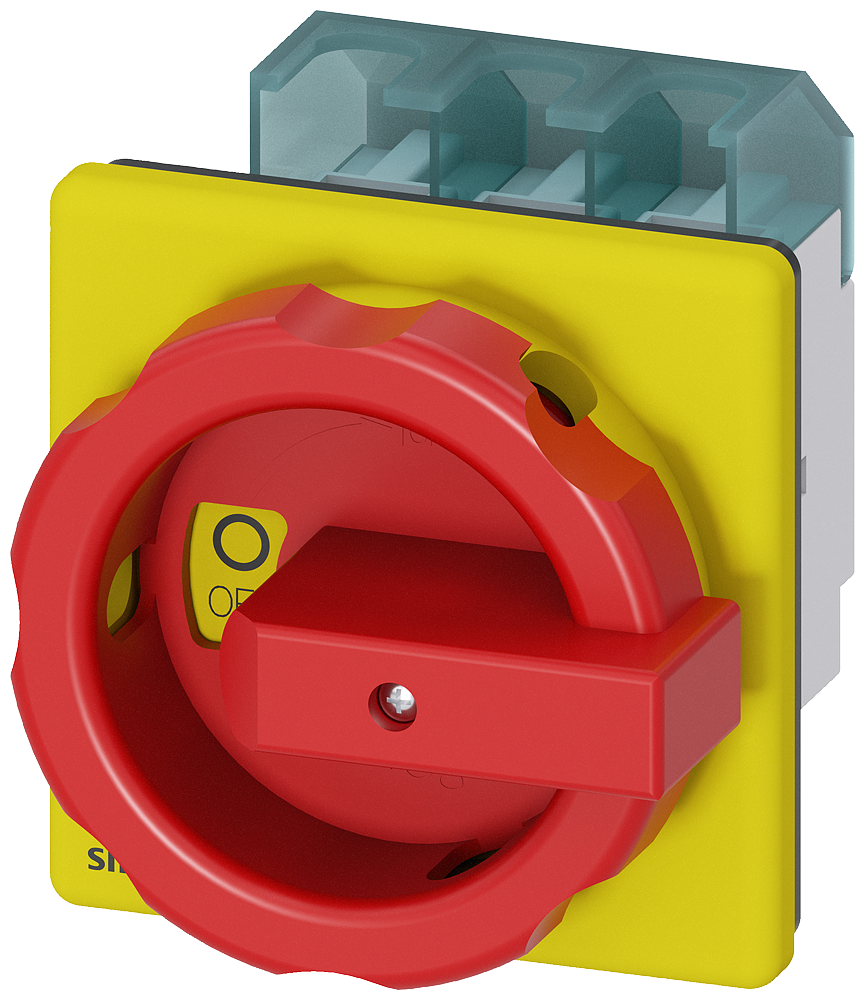 DISC SWITCH 3P R/Y ROTARY 63A 4HOLE DOOR ROTARY ACTUATOR RED/YELLOW FOUR-HOLE MOUNTING FRONT MOUNTING IU=63, P/AC-23A AT 400V=22KW EMGNCY MAIN CNTRL SWITCH 3-POLE