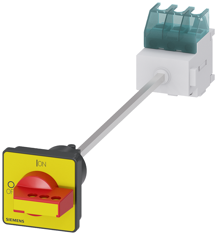 SENTRON, 3LD switch disconnector, EMERGENCY-STOP switch, 3-pole, Iu 32 A, Operational power / at AC-23 A at 400 V 11,5 kW, floor mounting with door coupling, knob-operated mechanism, red/yellow, 4-hole mounting of the handle