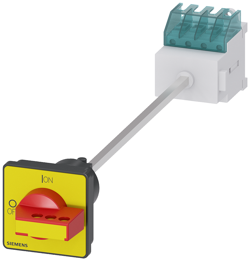 SENTRON, 3LD switch disconnector, EMERGENCY-STOP switch, 3-pole, Iu 16 A, Operational power / at AC-23 A at 400 V 7,5 kW, floor mounting with door coupling, knob-operated mechanism, red/yellow, 4-hole mounting of the handle