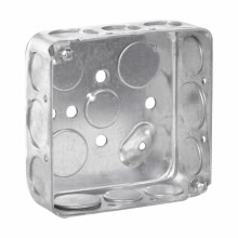 Product image for Crouse-Hinds TP414 4" Square Outlet Box, 1-1/2" Deep, Drawn Steel, 1/2" & 3/4" Side & Bottom Knockouts