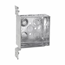 Product image for Crouse-Hinds TP451 4" Square Outlet Box, 2-1/8" Deep, Welded Steel, 1/2" & 3/4" Side & Bottom Knockouts, 'VMS' Bracket