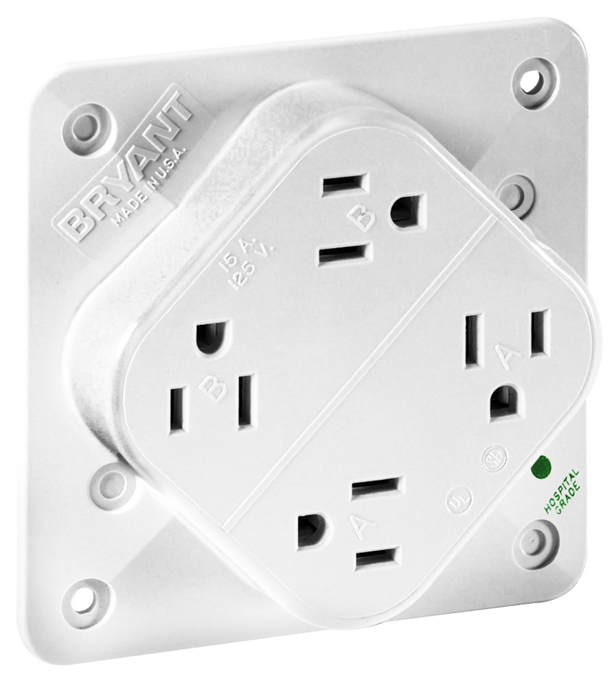 Straight Blade Devices, Receptacles, Quad-PLEX, Hospital Grade, 15A 125V, 2 -Pole 3-Wire Grounding, 5-15R, White, Single Pack