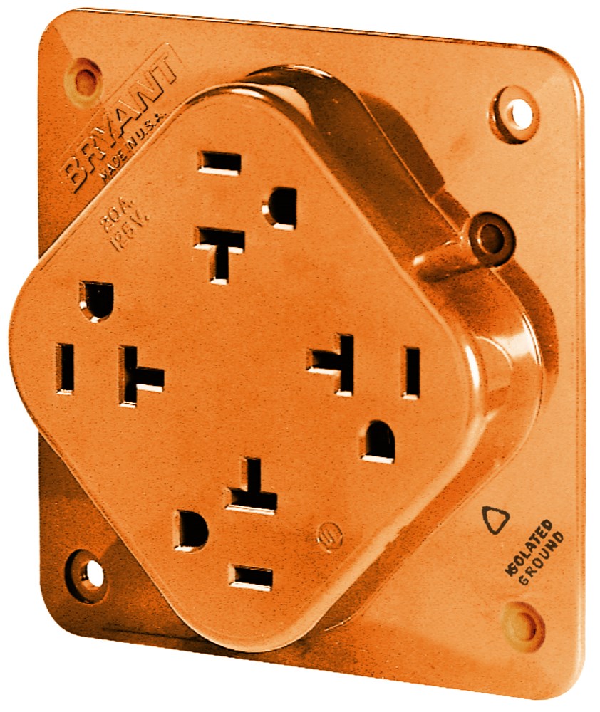 Straight Blade Devices, Receptacles, Quad-PLEX, Commercial/Industrial Grade, 20A 125V, 2-Pole 3-Wire Grounding, 5-20R, Orange, Single Pack, Isolated Ground