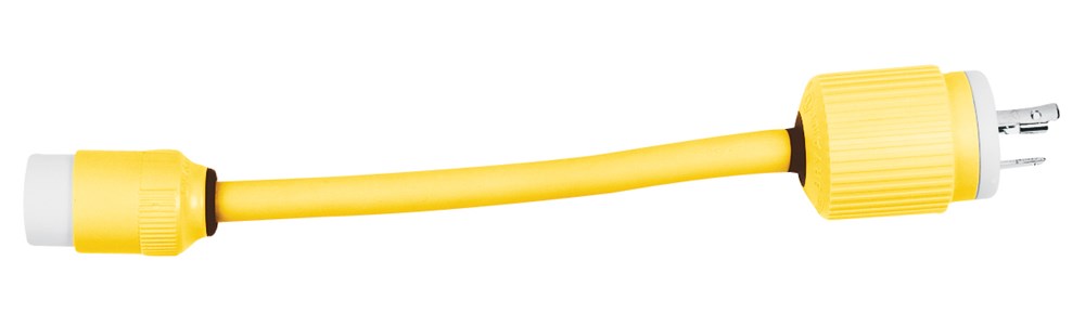 Locking Devices, Locking Devices, Marine Grade, Adapter, 15A 125V Straight Blade Female to 20A 125V Locking Male, 2-Pole 3-Wire Grounding, 5 -15P to L5-20R, Plug In, Yellow