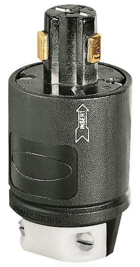 Locking Devices, Bryant Power Interrupting, Industrial, Male Plug, 20A 125V AC or DC, 10A 250V DC 480V AC, 2-Pole 3-Wire Grounding, Non-NEMA, Screw Terminal, Black/White