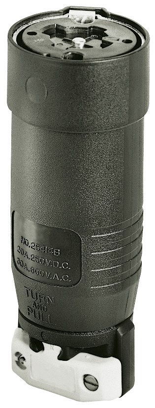 Locking Devices, Bryant Power Interrupting, Industrial, Female Connector Body, 30A 600V AC/ 20A 250V DC, 4-Pole 5-Wire Grounding, Non-NEMA, Screw Terminal, Black nylon with cord grip