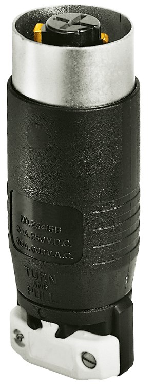 Locking Devices, Bryant Power Interrupting, Industrial, Male Plug, 20A 250V DC/30A 600V AC, 4-Pole 5-Wire Grounding, Non-NEMA, Screw Terminal, Black nylon with cord grip
