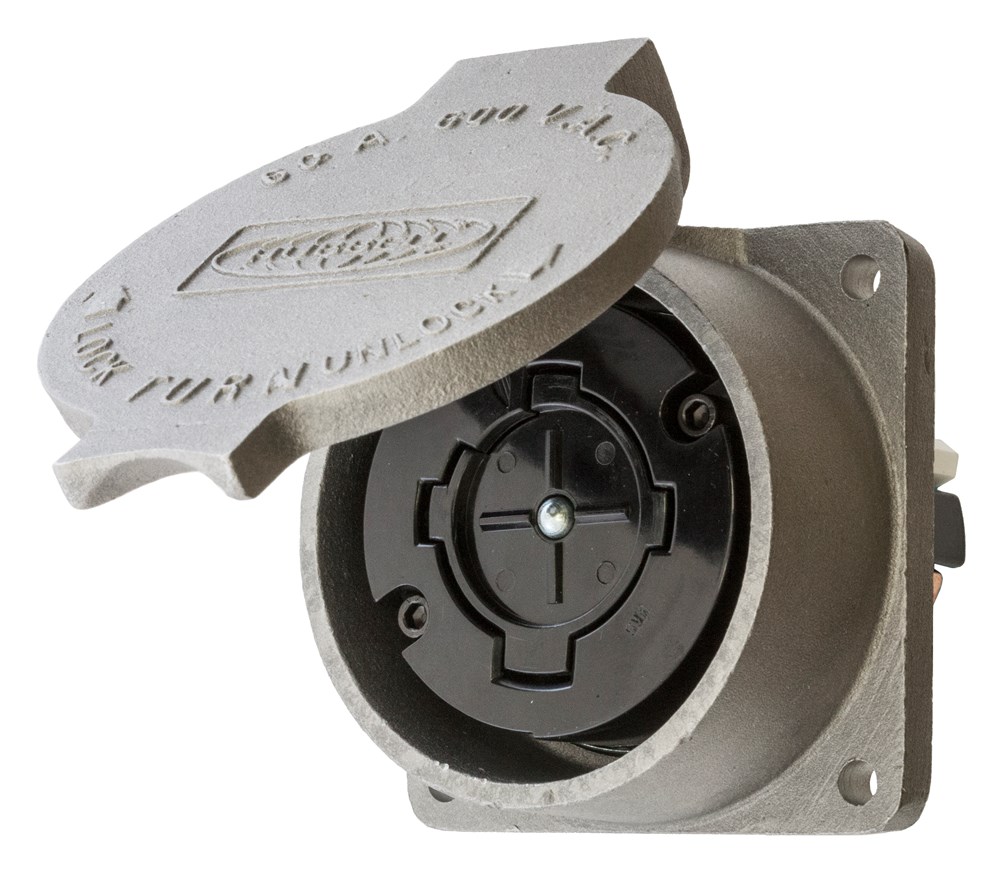 Locking Devices, Bryant Power Interrupting, Industrial, Receptacle, 60A 600V AC, 3-Pole 4-Wire Grounding, Non-NEMA, Screw Terminal, Black phenolic with short aluminum housing and lift cover