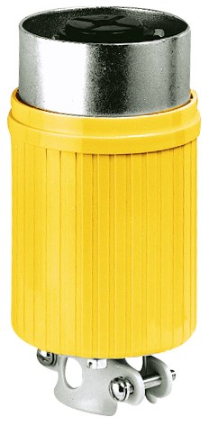 Locking Devices, Bryant Power Interrupting, Industrial, Male Plug, 60A 600V AC, 3-Pole 4-Wire Grounding, Non-NEMA, Screw Terminal, Yellow polycarbonate outer cover and adjustable cord grip