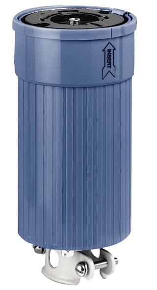 Locking Devices, Bryant Power Interrupting, Industrial, Female Connector Body, 60A 600V AC, 4-Pole 5-Wire Grounding, Non-NEMA, Screw Terminal, Blue polycarbonate outer cover and adjustable cord grip