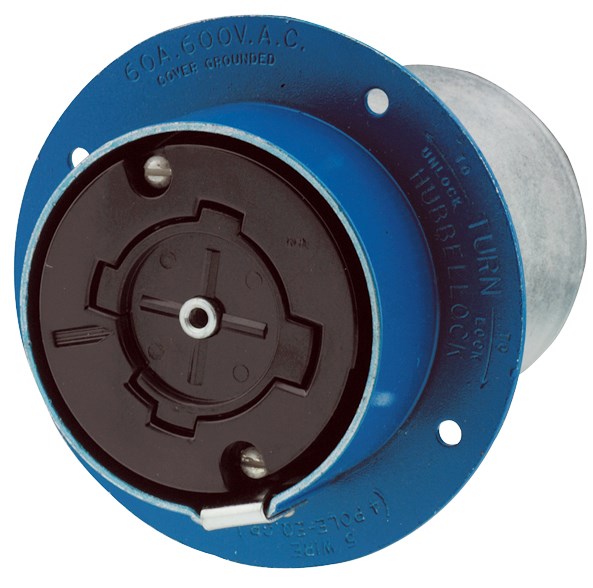 Locking Devices, Bryant Power Interrupting, Industrial, Flanged Receptacle, 60A 600V AC, 4-Pole 5-Wire Grounding, Non-NEMA, Screw Terminal, Steel housing