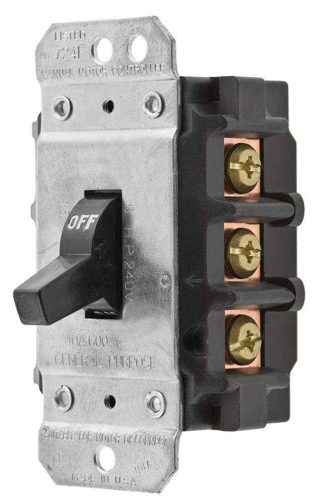 Switches and Lighting Controls, Industrial Grade, Toggle Switches, Motor Disconnects, Three Pole, 30A 600V AC, Side Wired Only, Black