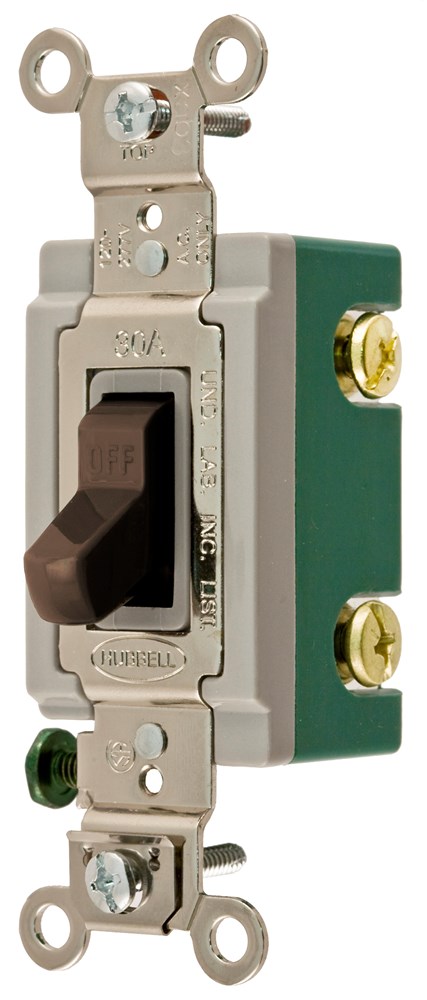 Switches and Lighting Controls, Extra Heavy Duty Industrial Grade,Toggle Switches, General Purpose AC, Single Pole, 30A 120/277V AC, Back and SideWired, Brown