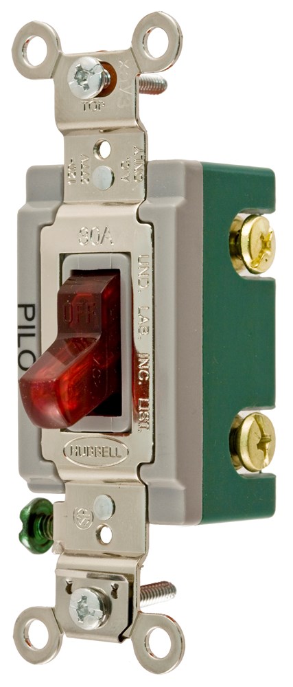 Switches and Lighting Controls, Pilot Light, Extra Heavy Duty Industrial Grade, Toggle Switches, General Purpose AC, Double Pole, 30A 277V AC, Back and Side Wired, Red