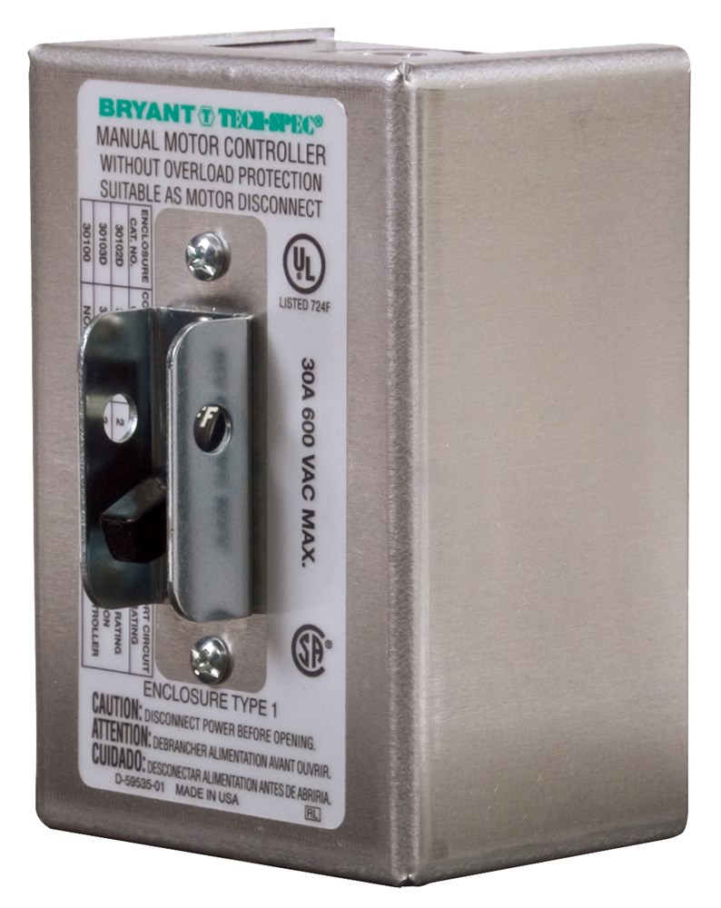 Switches and Lighting Controls, Industrial Grade, Toggle Switches, Motor Disconnects, Double Pole, 30A 600V AC, Side Wired Only, Black, With NEMA 1 Enclosure