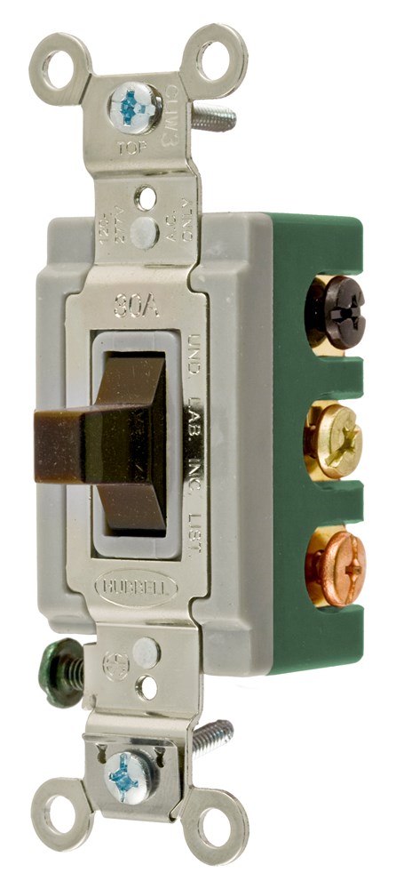 Switches and Lighting Controls, Industrial Grade, Toggle Switches, General Purpose AC, Double-Pole Double-Throw Center Off, 30A120/277V AC, Back and Side Wired, Brown