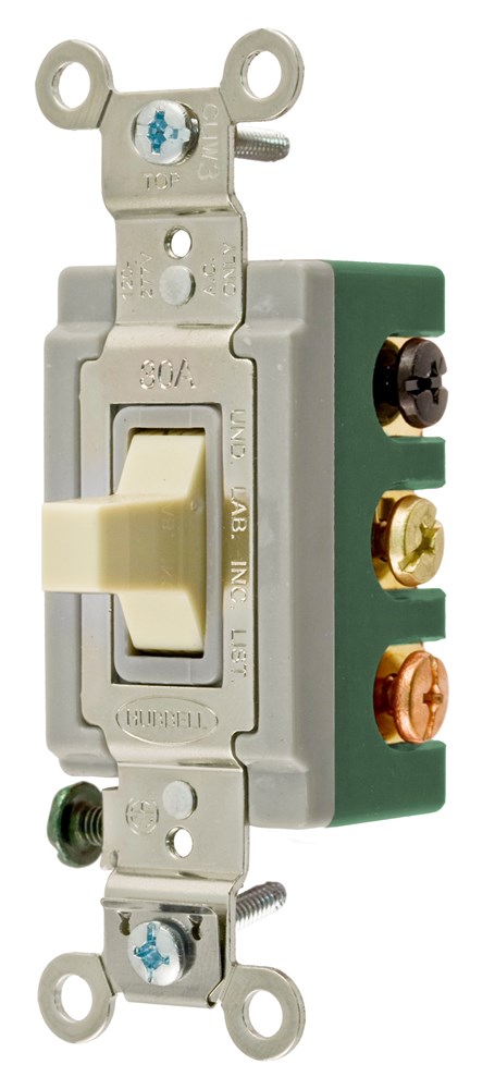 Switches and Lighting Controls, Industrial Grade, Toggle Switches, General Purpose AC, Double-Pole Double-Throw Center Off, 30A120/277V AC, Back and Side Wired, Ivory