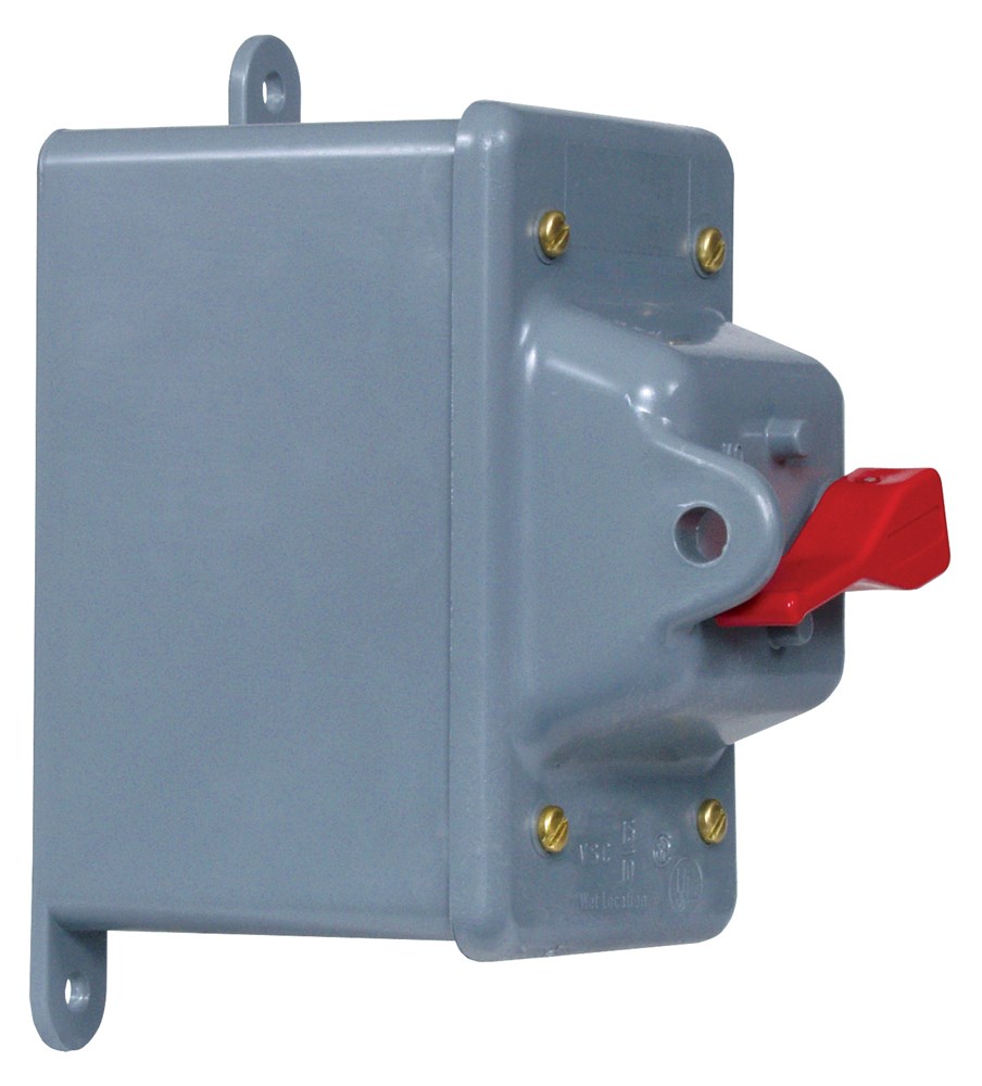 Switches and Lighting Controls, Industrial Grade, Toggle Switches, Motor Disconnects, Double Pole, 30A 600V AC, Side Wired Only, Black, NEMA 3R Box and Switch