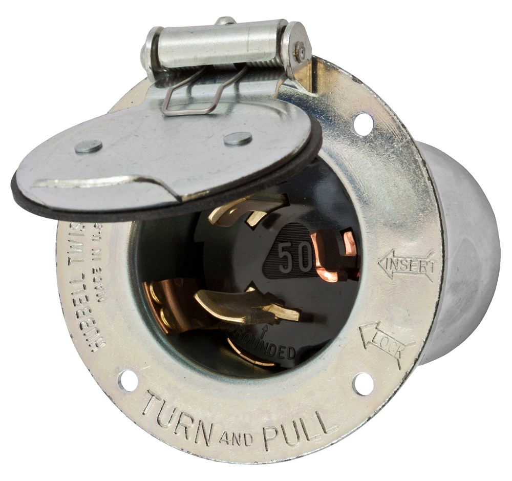 Locking Devices, Industrial, Flanged Inlet with Lift Cover and Gasket, 50A 250V DC/600V AC, 2-Pole 3-Wire Grounding, Non-NEMA, Screw Terminal, Steel Casing