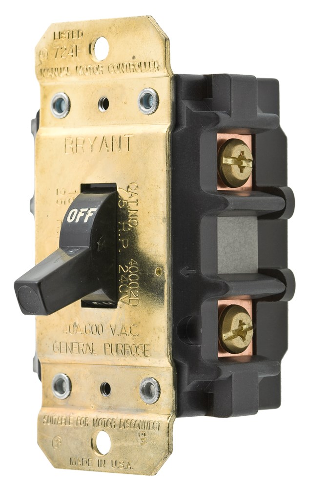 Switches and Lighting Controls, Industrial Grade, Toggle Switches, Motor Disconnects, Double Pole, 40A, 600V AC, Side Wired Only, Black