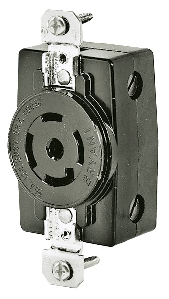 Locking Devices, Industrial, Flush Nylon Receptacle, 20A 3-Phase Wye 120/208V AC 400Hz, 4-Pole 5-Wire Grounding, Non-NEMA, Screw Terminal, Black