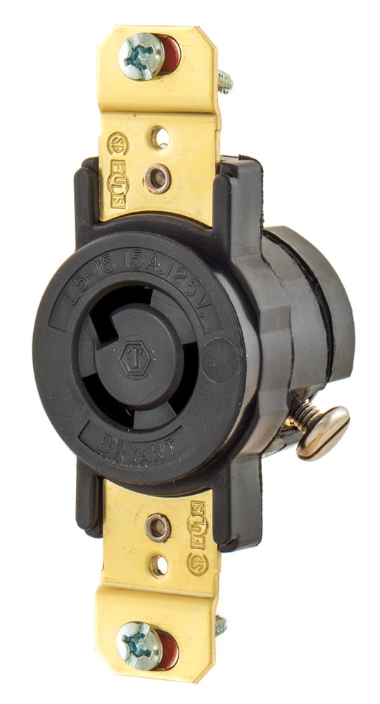 Locking Devices, Industrial, Flush Receptacle, 15A 125V, 2-Pole 3-Wire Grounding, L5-15R, Screw Terminal, Black