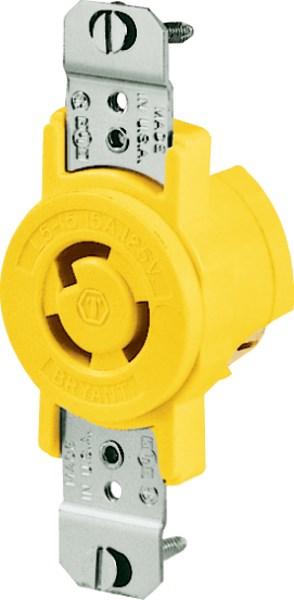 Locking Devices, Marine Grade, Flush Receptacle, 15A 125V, 2-Pole 3-Wire Grounding, L5-15R, Screw Terminal, Corrosion-Resistant, Yellow
