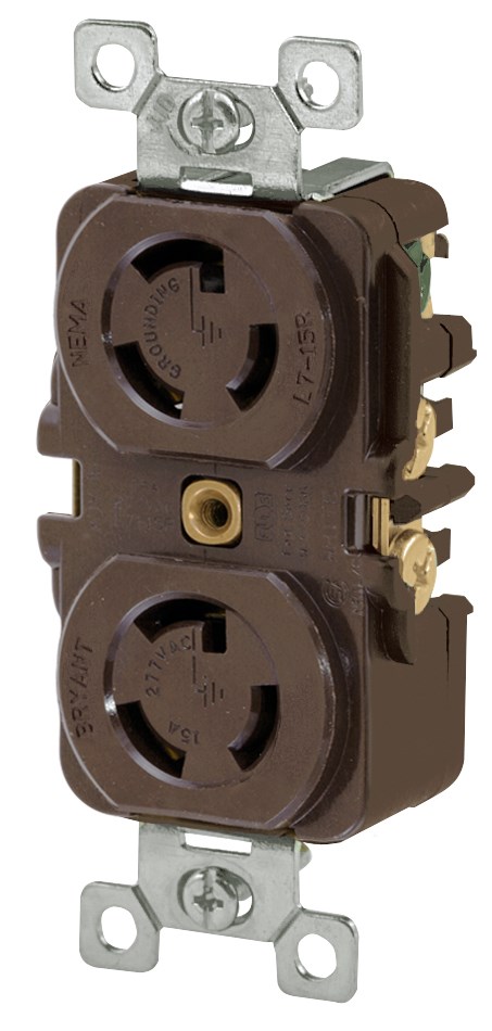 Locking Devices, Industrial, Duplex Receptacle, 15A 277V AC, 2-Pole 3-Wire Grounding, L7-15R, Screw Terminal, Brown