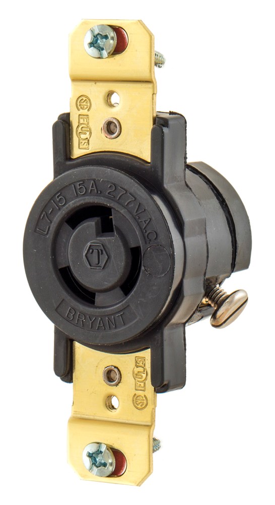 Locking Devices, Industrial, Flush Receptacle, 15A 277V AC, 2-Pole 3-Wire Grounding, L7-15R, Screw Terminal, Black, Mounted on 4