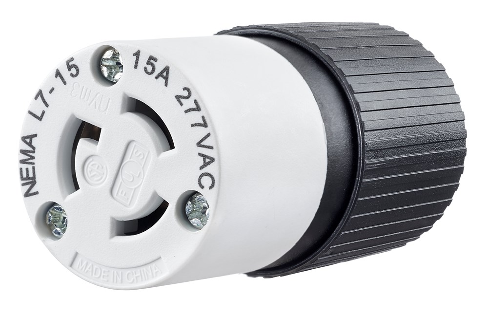 Locking Devices, Industrial, Female Connector Body, 15A 277V AC, 2-Pole 3-Wire Grounding, L7-15R, Screw Terminal, Black and White
