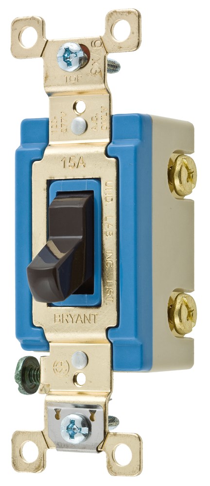 Switches and Lighting Controls, Industrial Grade, Toggle Switches, General Purpose AC, Single Pole, 15A 120/277V AC, Back and Side Wired, Brown